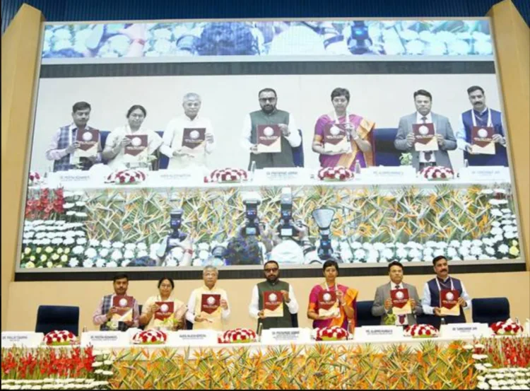 Prataprao Jadhav, Union Minister of State (Independent Charge), Ministry of Ayush and Minister of State for Health and Family Welfare, along with other dignitaries on the stage on the occasion of the World Homeopathy Day