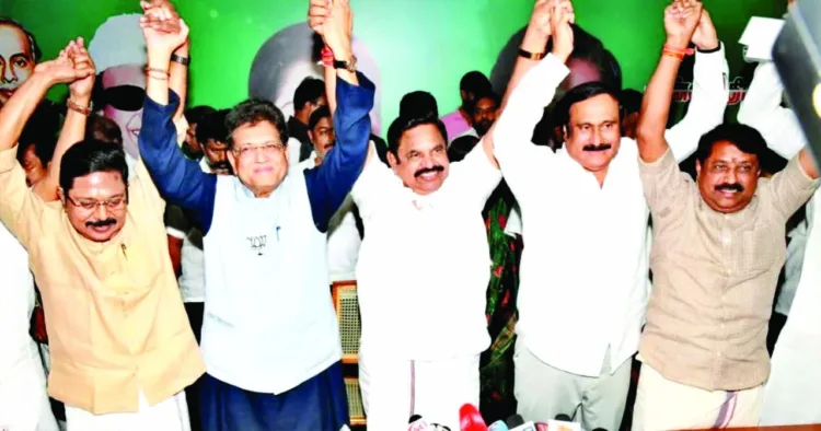 TTV Dhinakaran, AMMK General Secretary; Piyush Goyal, BJP leader Union Minister of Commerce and Industry; Edappadi K Palaniswami , AIDMK General Secretary; Dr. Anbumani Ramadoss, Pattali Makkal Katchi President; Nainar Nagenthran, BJP Tamil Nadu President (Left to Right)