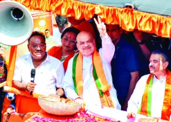 Union Home Minister Amit Shah, West Bengal Assembly LoP and BJP candidate Suvendu Adhikari and BJP State President Samik Bhattacharya during the mega nomination rally for the Bhabanipur Assembly constituency, in Kolkata on April 2. (representative image)