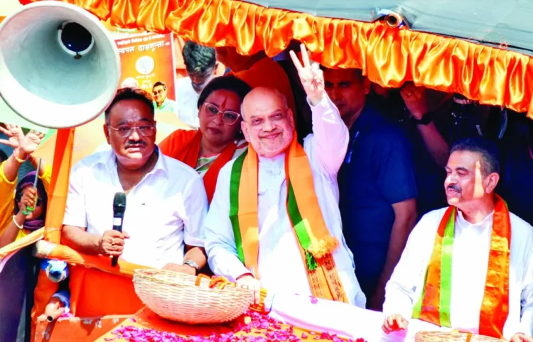 Union Home Minister Amit Shah, West Bengal Assembly LoP and BJP candidate Suvendu Adhikari and BJP State President Samik Bhattacharya during the mega nomination rally for the Bhabanipur Assembly constituency, in Kolkata on April 2. (representative image)