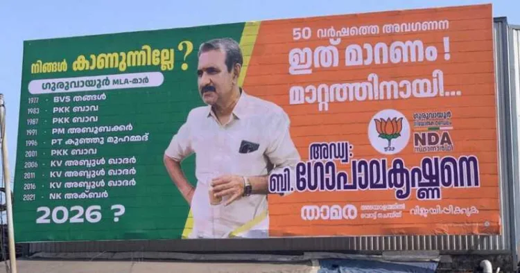 BJP hoarding in Guruvayoor constituency lists decades of non-Hindu MLAs backed by LDF, UDF and Muslim League, with candidate B. Gopalakrishnan prominently featured in the display