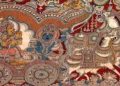 Ancient Indian art, Kalamkari, a traditional textile painting using natural dyes to depict intricate stories and nature-inspired designs