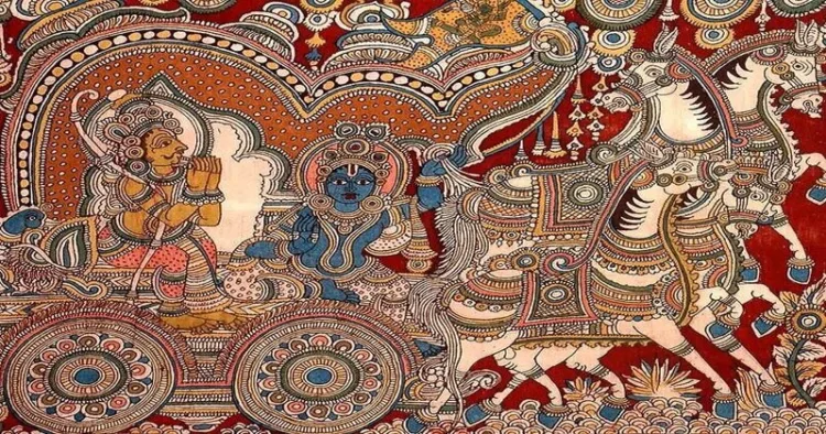 Ancient Indian art, Kalamkari, a traditional textile painting using natural dyes to depict intricate stories and nature-inspired designs