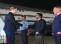 Indian officials receive Russia’s Deputy PM Denis Manturov upon his arrival in New Delhi for a two-day visit to boost bilateral ties