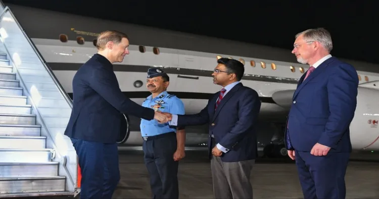 Indian officials receive Russia’s Deputy PM Denis Manturov upon his arrival in New Delhi for a two-day visit to boost bilateral ties