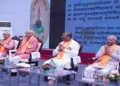 Deshraj Sharma, General secretary Vidya Bharti, Union HRD Minister Dharmedra Pradhan (Third from left) and Suresh Soni (Akhil Bharatiya Karyakarni Sadasya, RSS and other dignitaries on the stage