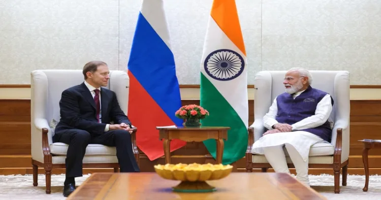 Prime Minister Narendra Modi meets First Deputy Prime Minister of Russia Denis Manturov in New Delhi on Thursday