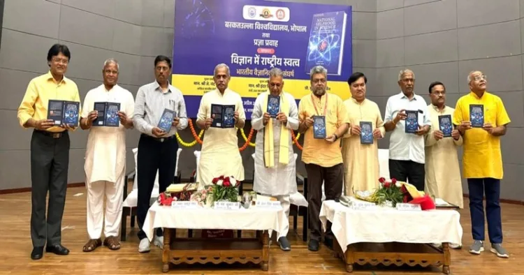 Dignitaries on the stage at lecture on the theme “National Ownership in Science: The Struggles of Indian Scientists” organised at Barkatullah University