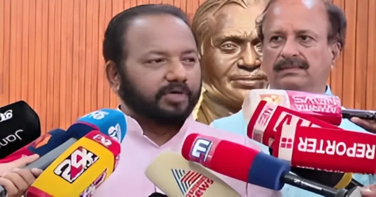 BJP State General Secretary Adv. S. Suresh and State Vice President K. Soman address the media in Thiruvananthapuram, responding to the Deepika controversy and political allegations
