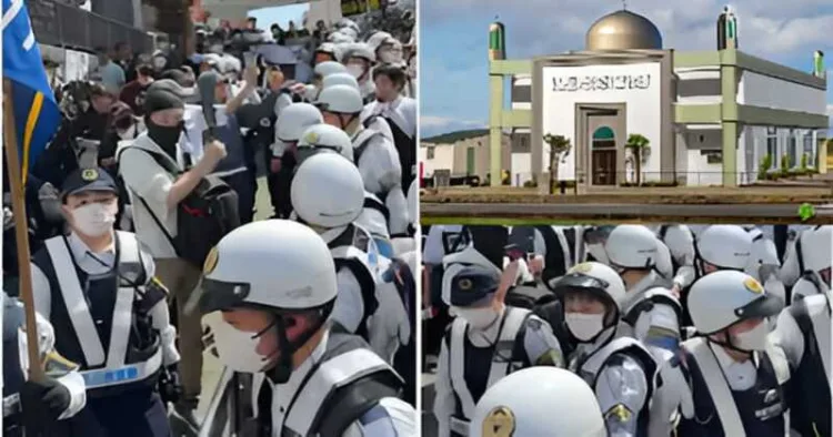 Protesters gather in Fujisawa, Japan, opposing a proposed mosque and voicing concerns over preserving local culture and neighbourhood identity.