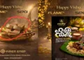 (Left) Slippers placed inside a Vishu Kani setup in a ‘First Step’ poster from Ernakulam district (Right) Meher Mandi & Grills ad showing Bhagwan Krishna alongside a meat dish