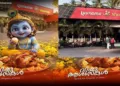 Vishu poster by Yamama Shawaya showing Bhgwan Krishna seated before a meat dish (left) Exterior view of Yamama Shawaya Hotel in Angadipuram in Malappuram district (Right)