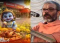 Vishu-themed advertisement of Yamama Shawaya restaurant in Malappuram district, showing a depiction of Bhagwan Krishna with a non-vegetarian dish (Left) Swami Chidananda Puri (Right)