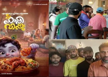 Vishu-themed poster by Nandawi Mandi depicting Bhagwan Krishna with a meat dish (Left) and HJV karyakartas protest inside the restaurant, as owner Muhammad Jaffer and team issue an apology (Right)