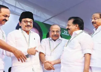 (From Left to Right) Leader of Opposition V D Satheesan, IUML state president Panakkad Sadiq Ali Shihab Thangal, IUML national general secretary P K Kunjalikutty, Congress leader Ramesh Chennithala and former KPCC president K Sudhakaran