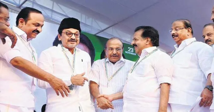 (From Left to Right) Leader of Opposition V D Satheesan, IUML state president Panakkad Sadiq Ali Shihab Thangal, IUML national general secretary P K Kunjalikutty, Congress leader Ramesh Chennithala and former KPCC president K Sudhakaran