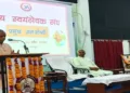 Akhil Bharatiya Sanyojak of Prajna Pravah J Nandakumar while addressing a Pramukh Jan Gosthi organised at the Jagadish Chandra Bose Auditorium of Maharaja Chhatrasal Bundelkhand University