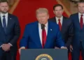 POTUS Donald Trump delivering an address to the nation alongside Vice-President JD Vance, US Secretary of State Marco Rubio and US Defence Secretary Pete Hegseth, following US strikes on Iran's nuclear facilities, at the White House