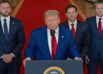 POTUS Donald Trump delivering an address to the nation alongside Vice-President JD Vance, US Secretary of State Marco Rubio and US Defence Secretary Pete Hegseth, following US strikes on Iran's nuclear facilities, at the White House