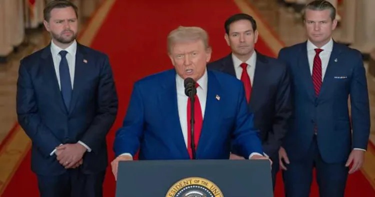 POTUS Donald Trump delivering an address to the nation alongside Vice-President JD Vance, US Secretary of State Marco Rubio and US Defence Secretary Pete Hegseth, following US strikes on Iran's nuclear facilities, at the White House