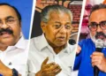 Opposition leader VD Satheesan, Chief Minister Pinarayi Vijayan and BJP state president Rajeev Chandrasekhar