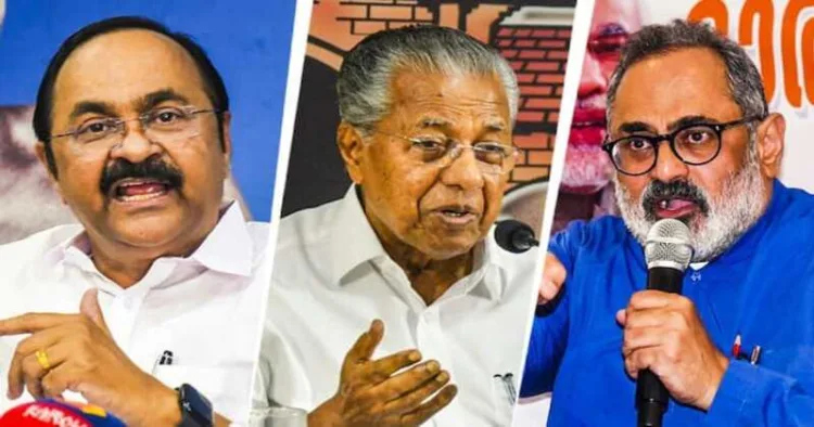 Opposition leader VD Satheesan, Chief Minister Pinarayi Vijayan and BJP state president Rajeev Chandrasekhar