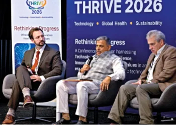 A glimpse of RSS Sarkaryavah Dattatreya Hosabale in conversation at the Thrive 2026 Summit