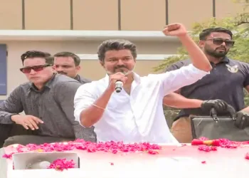 TVK (Tamilaga Vettri Kazhagam) chief and actor Vijay addresses a public meeting during an election campaign, in Puducherry (ANI Video Grab)