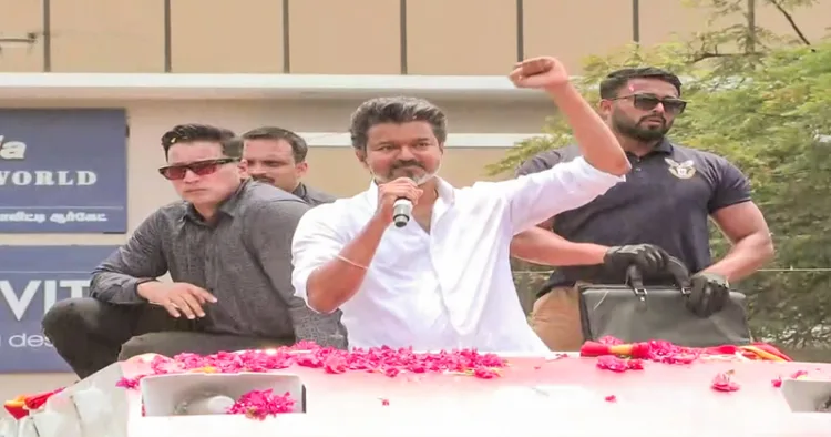 TVK (Tamilaga Vettri Kazhagam) chief and actor Vijay addresses a public meeting during an election campaign, in Puducherry (ANI Video Grab)