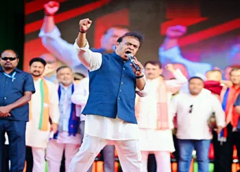 Assam Chief Minister Himanta Biswa Sarma during a public meeting (Image Credit ANI)