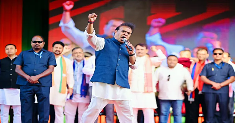 Assam Chief Minister Himanta Biswa Sarma during a public meeting (Image Credit ANI)
