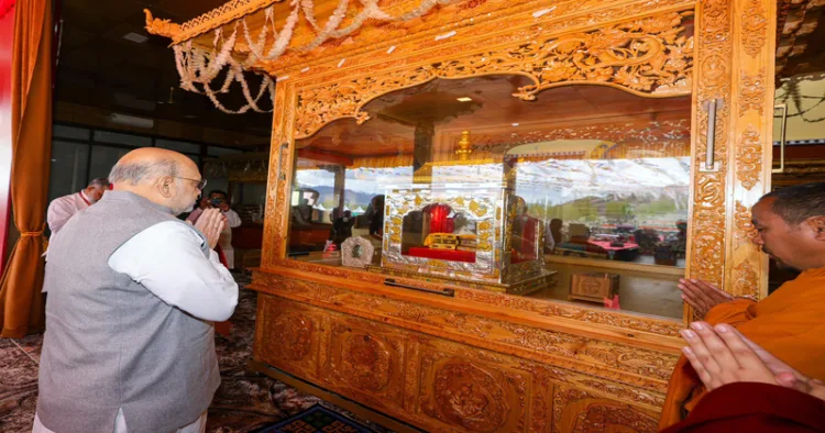 Leh, May 01 (ANI): Union Home Minister Amit Shah during the inauguration of the first international exposition of holy relics of Lord Buddha, in Leh on Friday. (@AmitShah X/ANI Photo)