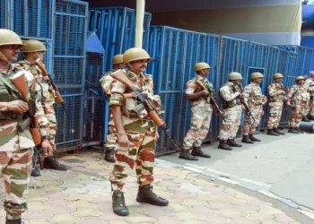 Kolkata, May 01 (ANI): Security personnel being deployed at a strong room at Khudiram Anushilan Kendra ahead of the counting of votes of the West Bengal assembly elections, in Kolkata on Friday. (ANI Photo)