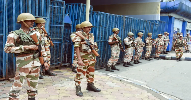 Kolkata, May 01 (ANI): Security personnel being deployed at a strong room at Khudiram Anushilan Kendra ahead of the counting of votes of the West Bengal assembly elections, in Kolkata on Friday. (ANI Photo)