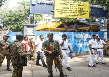 Kolkata, May 03 (ANI): Central paramilitary forces and Kolkata Police maintain tight security outside the strong room (ballot box preservation room) and counting centre of Bhabanipur Assembly constituency at Shekhwat School ahead of vote counting for the West Bengal Legislative Assembly elections 2026, in Kolkata on Sunday. (ANI Photo)