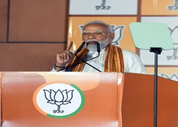 New Delhi, May 04 (ANI): Prime Minister Narendra Modi addresses after the party's win in the West Bengal, Assam and Puducherry Assembly election 2026, at BJP headquarters, in New Delhi on Monday. (ANI Photo/Amit)