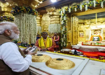 Gir Somnath, May 11 (ANI): Prime Minister Narendra Modi performs puja at Somnath Temple on the occasion of Somnath Amrut Mahotsav celebrating 75 years of the inauguration of the restored temple, in Gir Somnath on Monday. (DPR PMO/ANI Photo)