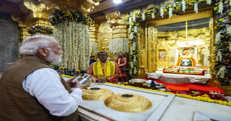 Gir Somnath, May 11 (ANI): Prime Minister Narendra Modi performs puja at Somnath Temple on the occasion of Somnath Amrut Mahotsav celebrating 75 years of the inauguration of the restored temple, in Gir Somnath on Monday. (DPR PMO/ANI Photo)