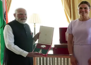 Gothenburg [Sweden], May 17 (ANI): Prime Minister Narendra Modi being conferred with Sweden's Royal Order of Polar Star, the highest honour awarded to a Head of Government by the Scandinavian nation, in Gothenburg on Sunday. (DD/ANI Video Grab)