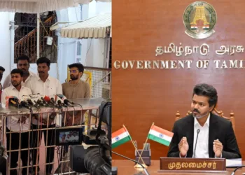 ABVP Tamil Nadu delegation speaking to media (left) CM Joseph Vijay (Right)
