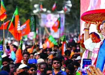 Assam Chief Minister Himanta Biswa Sarma celebrates the party's victory in the Assam Assembly elections