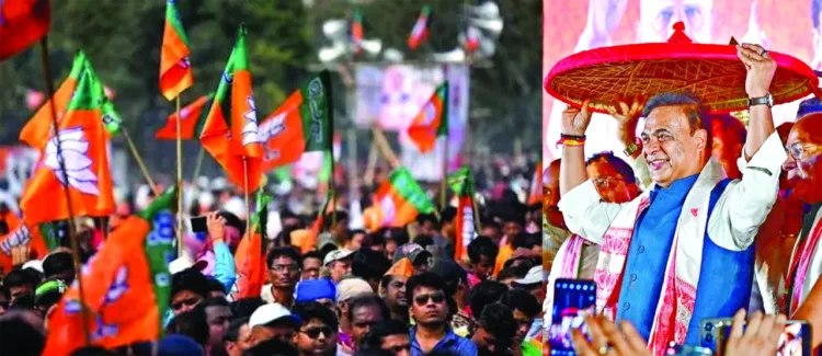 Assam Chief Minister Himanta Biswa Sarma celebrates the party's victory in the Assam Assembly elections