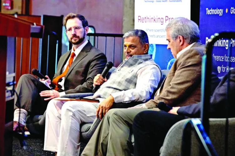 RSS Sarkaryavah Dattatreya Hosabale interacting with Microsoft’s Ben Olsen and Stanford neuroscientist Dr William Hurlbut at Stanford Thrive 2026 conference. The session was moderated by Hudson Institute Senior Fellow Bill Drexel