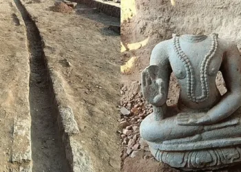 (Left) Drainage system discovered at Hampi (Right) Alvar sculptures discovered