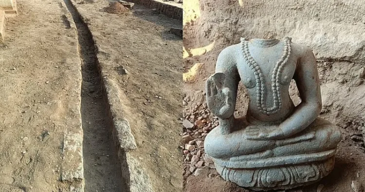 (Left) Drainage system discovered at Hampi (Right) Alvar sculptures discovered