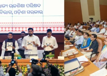 CM Mohan Majhi and Union Education Minister Dharmendra Pradhan at the Workshop on Implementation of the National Education Policy (NEP) 2020 at the Convention Centre, Lok Seva Bhavan, Bhubaneswar.