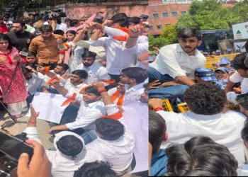 ABVP wage protest in front of NTA headquarters over NEET UG 2026 paper leak