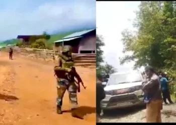 Armed security forces patrolling in the conflict hit zone of Manipur