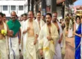 (Left) CM Satheeshan at Guruvayoor temple (Right) Hibi Eden at Guruvayoor temple
