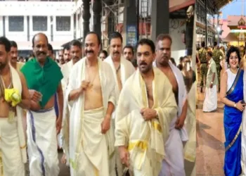 (Left) CM Satheeshan at Guruvayoor temple (Right) Hibi Eden at Guruvayoor temple